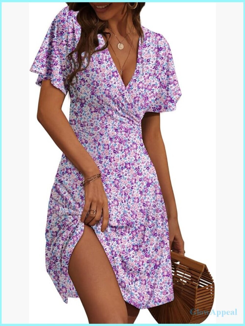 Faux Wrap V-Neck Short Sleeve Midi Sundress Flowy A-Line